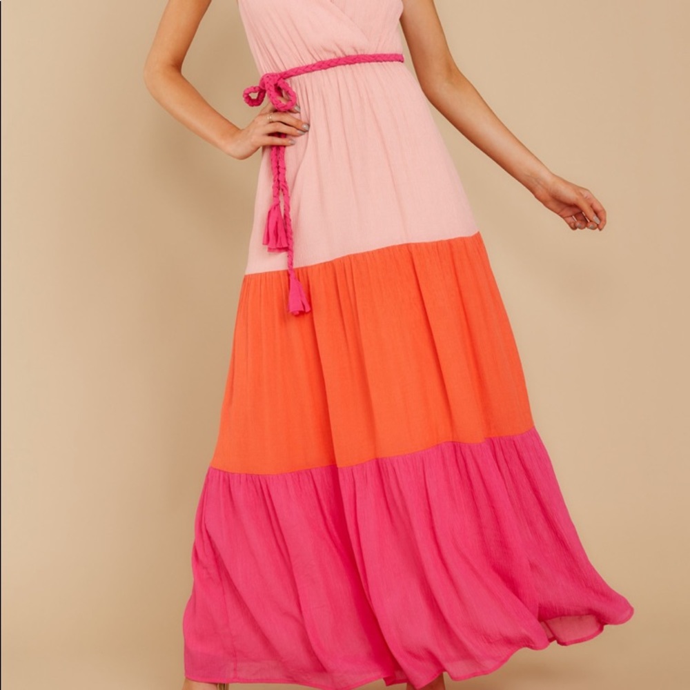 Multicolor Pink Block Colors Belted Maxi Dress - Picture 2 of 7
